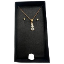 Simple Elegant Goldtone White Rhinestone Pendant NECKLACE & EARRINGS Set