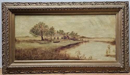 Antique oil painting river - antique,