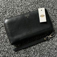Fossil Womens Wristlet Purse Wallet Black Zip Around Leather Clutch Sydney BNWT