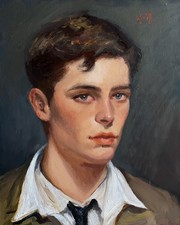 Original oil painting Dark Haired Young Man Portrait Edwardian Framed Wall Art.