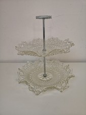 Vintage Art Deco Cake Stand Two Tier Fluted Glass Silver Tone Handle