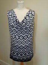 LEO GUY BLUE AND WHITE PRINT COWL NECK SLEEVELESS TOP WITH BEAD DETAIL - SIZE 14