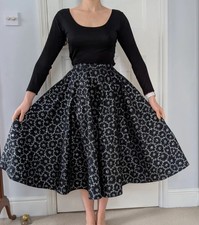 Vintage Black & Silver Floral Taffeta Full Circle Maxi skirt Rockabilly. UK 6/8
