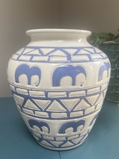 Studio Pottery Vase White & Blue Elephants Geometric Pattern 19cm Abstract