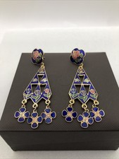 Vintage Cloisonne Enamel Dangle Earrings Floral Blue Flowers Drop Jewellery Gift