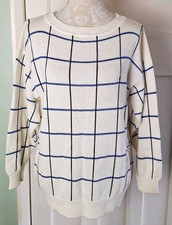 Ladies Ivory White Check Cotton Blend Thin Knit Jumper - Size M (12 / 14)