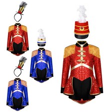 UK Kids Girls Circus Ringmaster Halloween Costume Sequins Bodysuit with Hat Sets