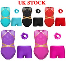 UK Girl Sparkle Gymnastics Leotard Ballet Dance Unitard with Shorts Headband Set