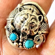 Bear Head Navajo Kingman Turquoise Mens Ring Sz 14 Sterling Signed Sanders