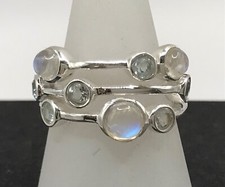 Blue topaz rainbow moonstone bubble ring solid Sterling Silver multirow.