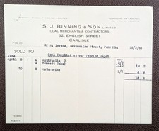 1934 S. J. Binning & Son Ltd Consett Coke & Anthracite Coal Carlisle Invoice