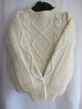 Aran Sweater, Hand Knit Jumper, Round Neck, Wool, Cream, X Large, 52" Chest