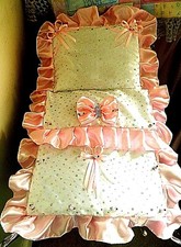 DOLLS PRAM SET SILVER CROSS COACH BUILT OBERON BALMORAL KENSINGTON SEQUIN SATIN