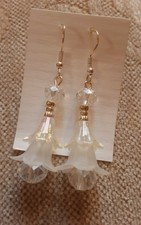 WHITE SNOWDROP FLOWER  DROP EARRINGS WITH AURORA BOREALIS FACETED GLASS BEADS