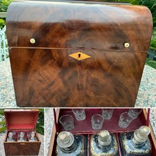 RARE ANTIQUE C1790 Georgian DRUM TOP MAHOGONY 3 GILDED DECANTER SET BOX H 10”