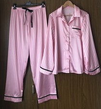 Pink White Striped Satin Ladies Pyjamas Nightwear size XL UK 14-16 Pjs Set Gift
