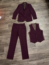 Men’s 3 Piece Luca Rossi Caravelli Burgandy Suit w/Vest - 36R - 30-32W Slim NICE