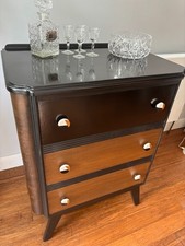 Art deco chest of drawers, vintage in oak, black gloss & gold. *CAN DELIVER