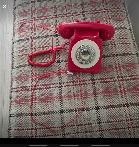 Retro red telephone with dial - telephone,
