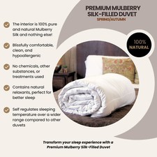 Premium Mulberry Silk-Filled Duvet. Spring/Autumn Warmth. All Sizes. Aids Sleep.