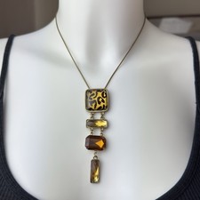 Vintage Statement Pendant Necklace Bronze Amber Tone Leopard Print 41+9cm