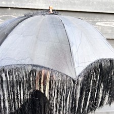 Antique black Silk Folding Parasol Early Victorian Carriage parasol fringed