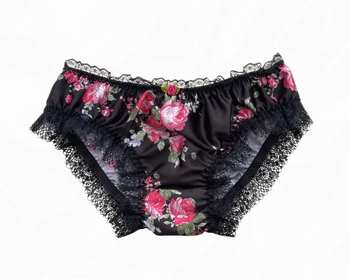 Black pink satin floral - black,