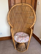 Vintage wicker peacock princess chair - high back, twist base, 1970s boho tiki