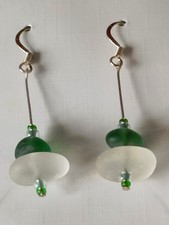Green and Frosted Seaham Sea Glass Drop Earrings