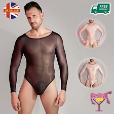 Sheer Men Nylon Leotard Ultra Shiny High Cut Long Sleeve Stretchable Bodysuit UK
