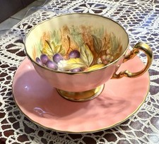 Vintage Aynsley Pink Fruit Interior Tea Cup & Saucer • Hand Painted England