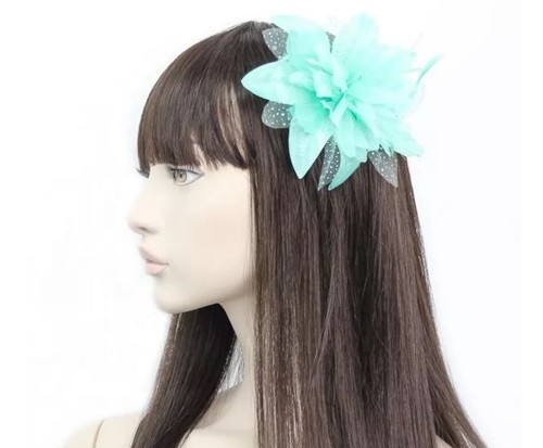 Aqua flower feather bead hair - flower,
