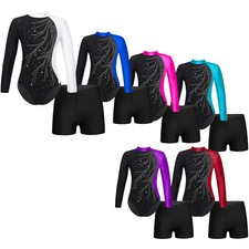 Kids Girls Sparkle Diamonds Gymnastic Leotard Skating Jumpsuit with Shorts Set