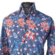 HAWES & CURTIS Shirt Mens MEDIUM (40") Long Sleeve Blue with Red Floral Print