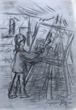 Drawing Sketch Study Young Girl Artist Painter Easel Brush