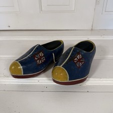 Vintage Hand Painted Wooden Dutch Clogs Blue Folk Art Souvenir Shoes Pair