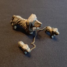 Antique Miniature Wood Black Forest Dog & Puppies Hand Carving Figurine 3cm high