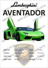 Lamborghini Aventador Poster Supercar Speed Lambo Engine Specs A2, A3, A4,A5