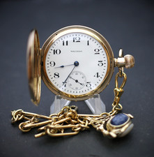 Pristine Antique Waltham 17J Gold Filled Full Hunter Pocket Watch + Chain + Case