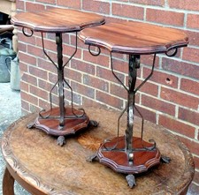Pair Antique bedside tables Arts & Crafts mahognay wrought iron side lamp stands