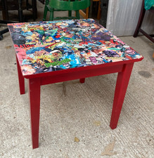Red Painted Side Table Decoupage Comic Top 55 x 55 cm x 50 cm high
