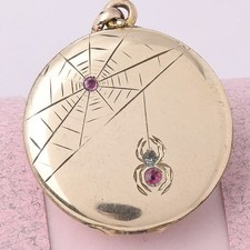 Antique Victorian SPIDER WEB Paste Gold Filled Hand Etched Pendant Locket