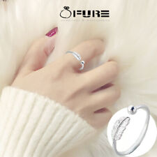 Pure 925 Sterling Silver Feather Ring Open Band Adjustable Jewelry Silver Women