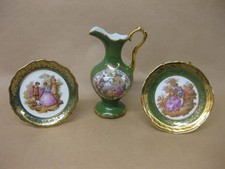 Limoges Porcelain La Reine Jug  & 2 Small Plates ~ Fragonard ~ Green & Gold