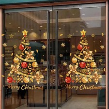 Gold Christmas Tree Decals Snowfake Flowers Window Sticker Wall Home Shop Decor