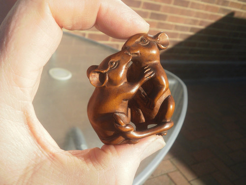 Hand carved wood netsuke mice - carved,
