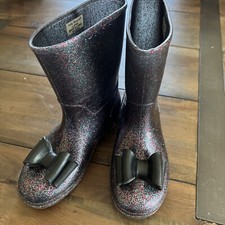 Jelly Bean Girls Glitter Rain Boots Sz 2 Silver Purple Sparkly Winter Shoe Bows