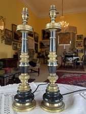 Pair Mid  C20th Egyptian Revival Black Onyx Gilt Column Table Lamps Rewired 17”