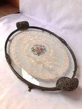 Vintage Oval Petit Point Filigree Vanity Dressing Table Tray Lace Gilt 