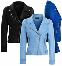 Womens Faux Suede Biker Jacket Pale Blue Cobalt Black Coat Size 8 10 14 16 New